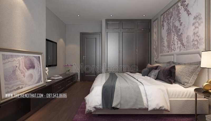 Giường ngủ gỗ tự nhiên có tab đầu giường bằng nỉ cao cấp, gam màu vẫn là gam màu lạnh chủ đạo của căn hộ, mảng tường đầu giường được ốp gỗ và trang trí một mẫu decor độc lạ thu hút.