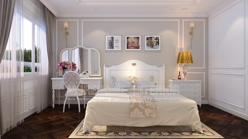 Giường ngủ gỗ tần bì phun sơn cao cấp với gam màu trắng thanh thoát, ngay liền kề bố trí thêm chiếc bàn trang điểm đẹp màu trắng cùng chất liệu tạo nên một căn phòng có điểm nhấn và tươi mới.