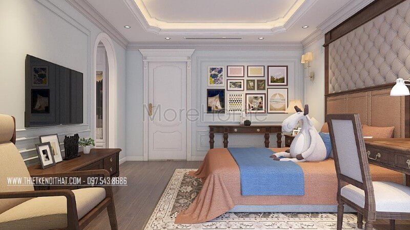 . Sử dụng các vật liệu nhẹ như gỗ và kính cường lực, thiết kế nội thất phòng ngủ biệt thự phong cách tân cổ điển có thể tạo ra một không gian tinh tế và nhẹ nhàng.